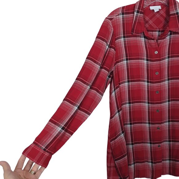 J. Jill‎ Women's size Small Petite Tunic Blouse Red Plaid Button-Down Rayon - Picture 3 of 13